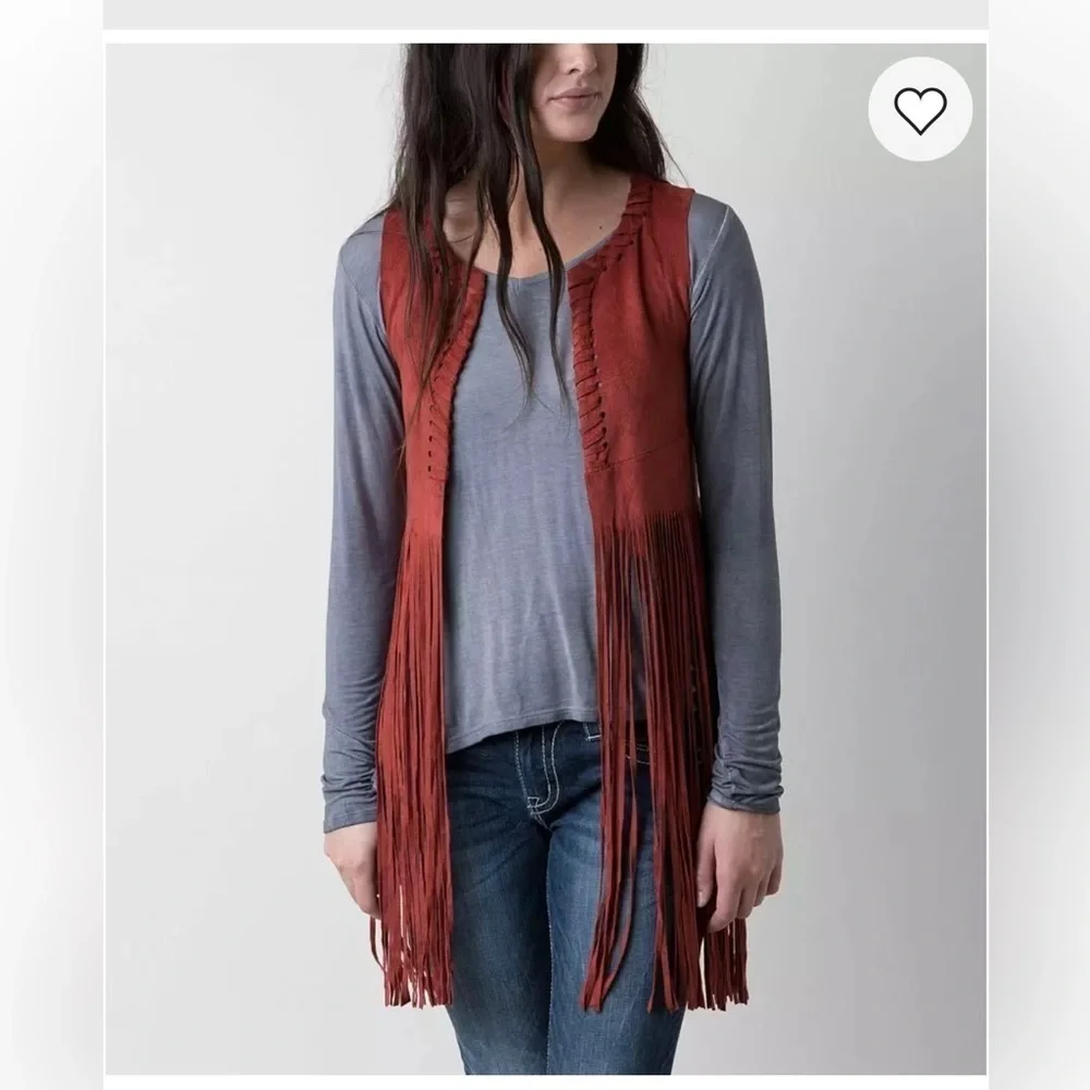 Angie Fringe Woven Western Vest in Red Oxide Womens Size S NWOT